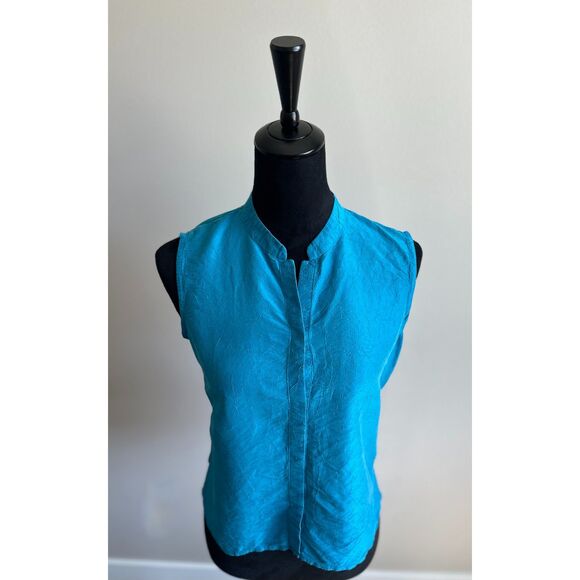 Eileen Fisher Women's Turquoise Silk Sleeveless Petit Bishop Collar Top Size PM - Picture 2 of 8